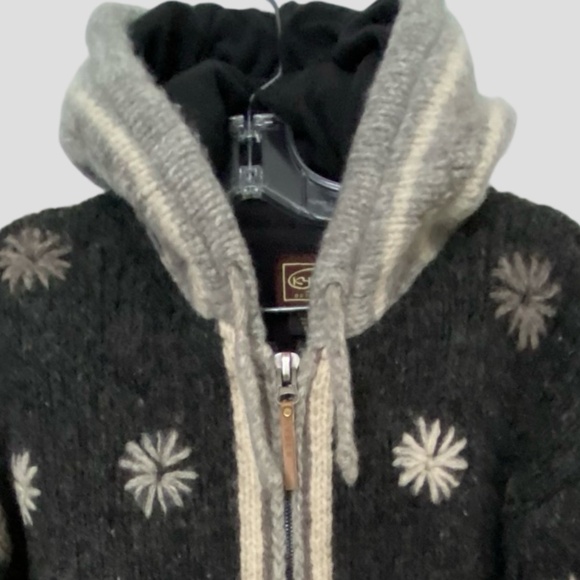 Kyber Grey Wool Fleece Lined Hooded Drawstring Knit Outdoor Cabin Coat. Sz-M - Picture 2 of 15